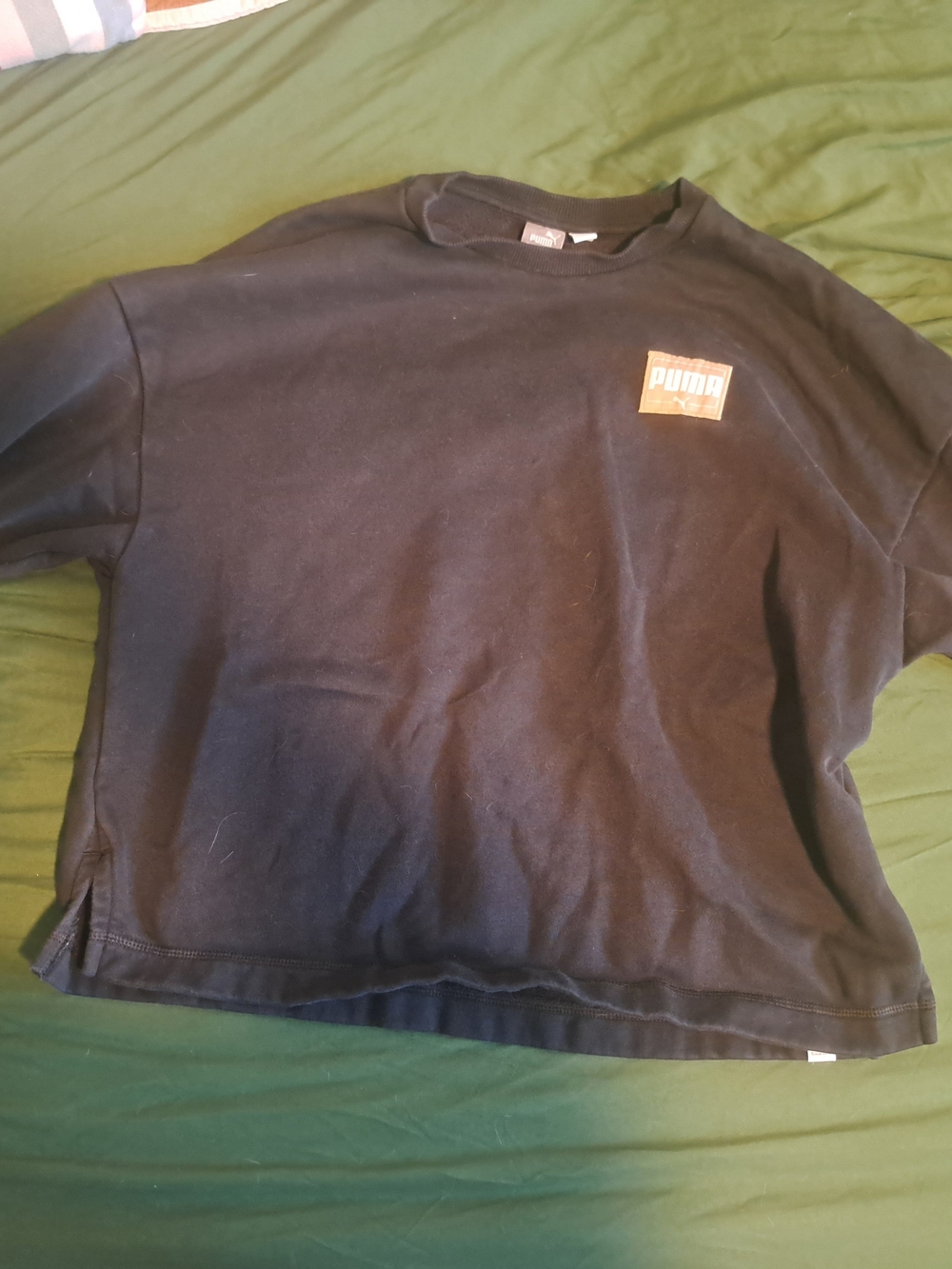 Puma Womens Cropped Black Crew Sweatshirt with Chest Logo Patch